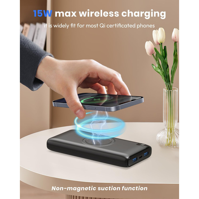 Power Bank BRENCIL 27000mAh з бездротовою зарядкою 15W, PD/QC, USB-C, чорний