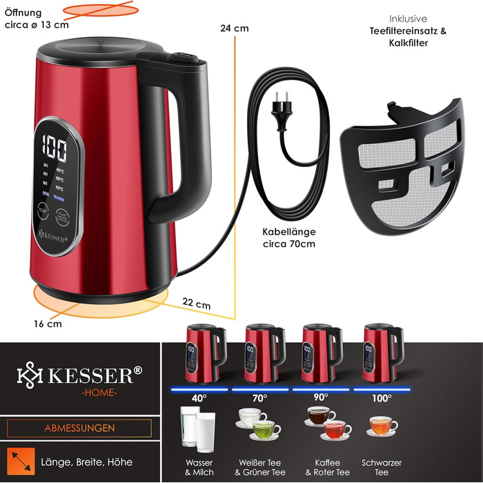 KESSER® Stainless Steel Kettle 1.7 Liter | LED Display | 4-Mode Temperature Setting 40°C-100°C | 30-Minute Keep Warm | Electric Tea Kettle 2200W BPA-Free | Scale Filter & Easy-Open Lid, (Burgundy)