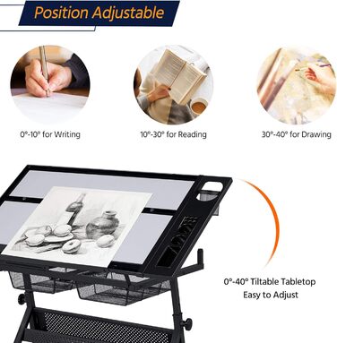 Yaheetech Adjustable Height Drafting Table Set with Tilt-Top, Storage & Stool - Drawing/Art Desk for Artists - Black