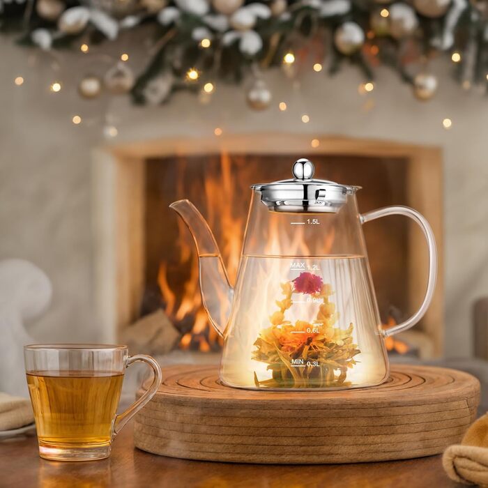 Скляний чайник з ситом 1200-1500 мл з боросилікатного скла з мірною шкалою для листового чаю та чайних квітів, подарунковий набір
