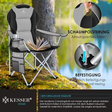 Крісло кемпінгове складне KESSER® до 150 кг, з підлокітниками, високою спинкою, сіре/чорне. З підсклянником та сумкою