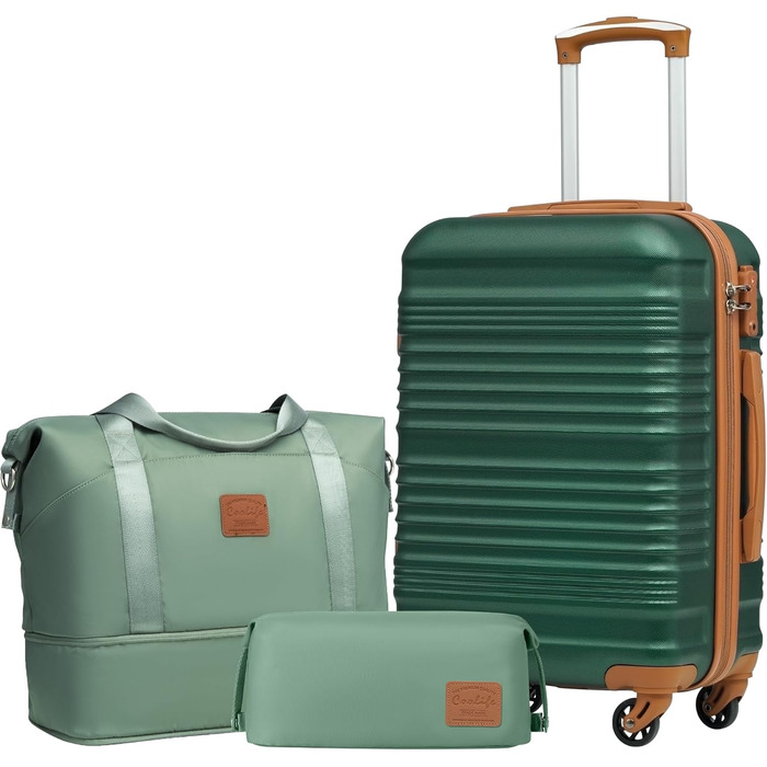 Набір валіз COOLIFE 3 в 1: великий дорожній набір 71 см + сумка та косметичка | ABS, 360° колеса, TSA-замок. Ідеально для подорожей, круїзів, навчання за кордоном – набір ручної поклажі 3 шт. Темно-зелений/коричневий