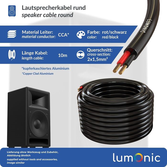 Кабель акустичний Lumonic 25м чорний 2xCCA HiFi для колонок, аудіо, PA систем (1.5 мм²)