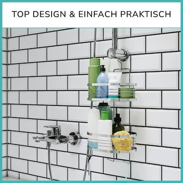 Shower shelf for hanging with 3-fold anti-rust protection incl. free razor holder, suction cups & spacers - Flexible hanging shower basket - Premium hanging shower shelf without drilling