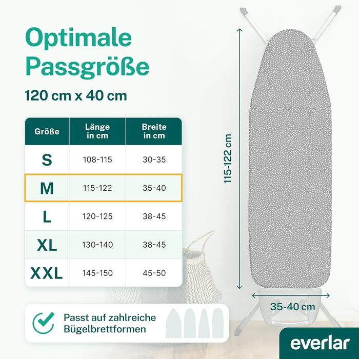 Everlar® Преміум чохол для прасувальної дошки 120x40 (M) | Зроблено в Німеччині | OEKOTEX100 | Для прасувальних дошок 115-122x35-40 см | Сірий з білими крапками