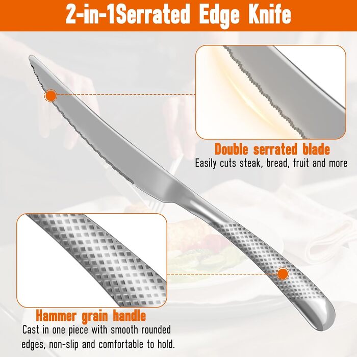 Набір столових приборів на 8 осіб, 40 предметів: ножі, виделки, ложки. Виготовлений з нержавіючої сталі, дзеркально відполірований, придатний для миття в посудомийній машині. Сріблястий колір.