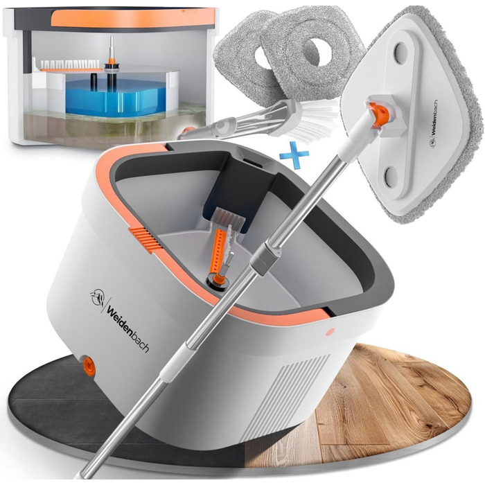 Набір для миття підлоги Wischmopp з відром | Система з 2 камери для розділення брудної та чистої води | Ефективний мийник підлоги з функцією віджиму | Сірі насадки