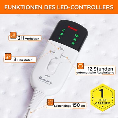 Електрична ковдра Mia&Coco з таймером та 3 рівнями нагріву, LED-дисплеєм та захистом від перегріву, 150x80 см