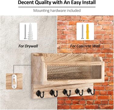 Brief and key holder for wall decoration, 27.9 cm (11 inches) wooden wall key organizer with 5 key hooks, wall mount, storage shelf for entryway, hallway (white) (wood)