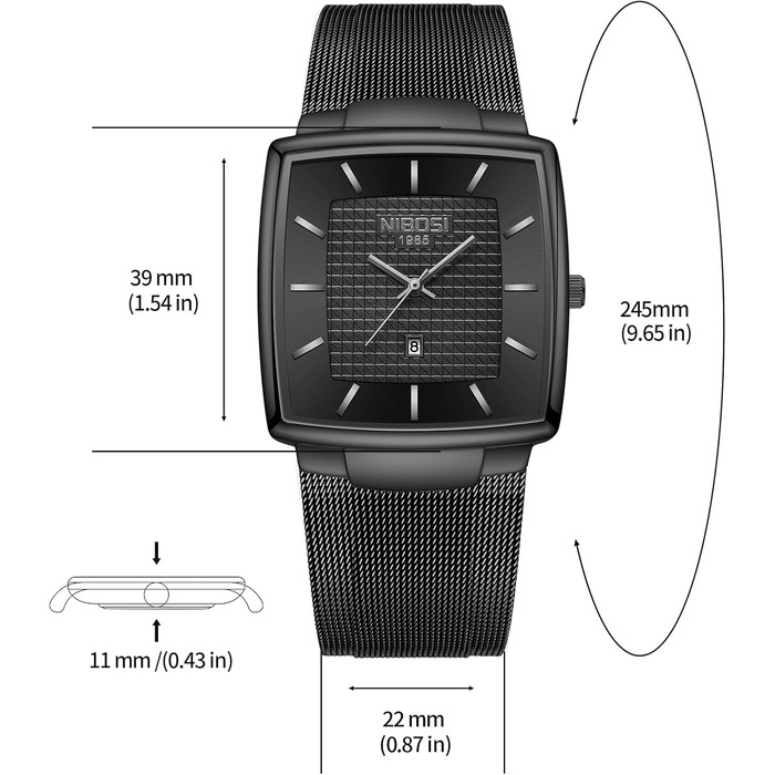 Чоловічий годинник NIBOSI: стильні кварцові годинники з датою, водонепроникні, з міцним металевим браслетом Mesh, квадратний корпус, військовий стиль
