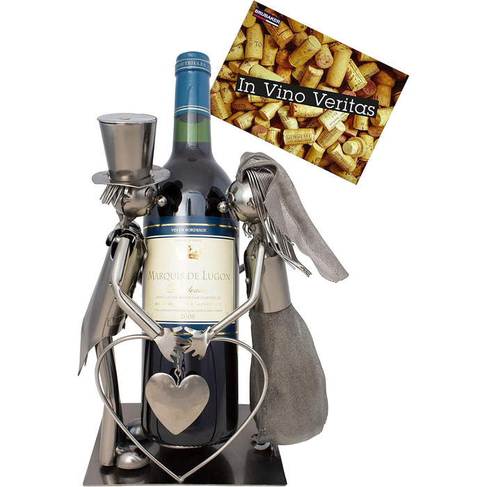 BRUBAKER Wine Bottle Holder Wedding Couple Bride and Groom Decorative Object Metal with Greeting Card for Wedding Gift
