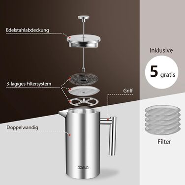 1L Coffee Maker French Press Stainless Steel Thermo with 5 Stainless Steel Filters Double-Walled Insulated System with Two-Layer Construction 1000ML