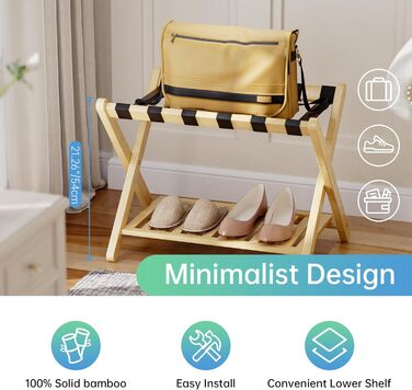 SMIBUY Luggage Rack, Foldable Bamboo Suitcase Stand with Storage Compartments for Guest Rooms, Bedrooms, Hotels, Heavy Duty (Natural Color)
