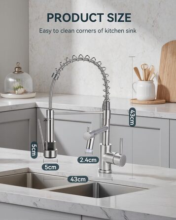 Сучасна кухонна змішувач Warmiehomy з LED-підсвічуванням, поворотний на 360°, з двома виливами, високий вигин, спіральна пружина, для мийки, з нержавіючої сталі, брашований нікель