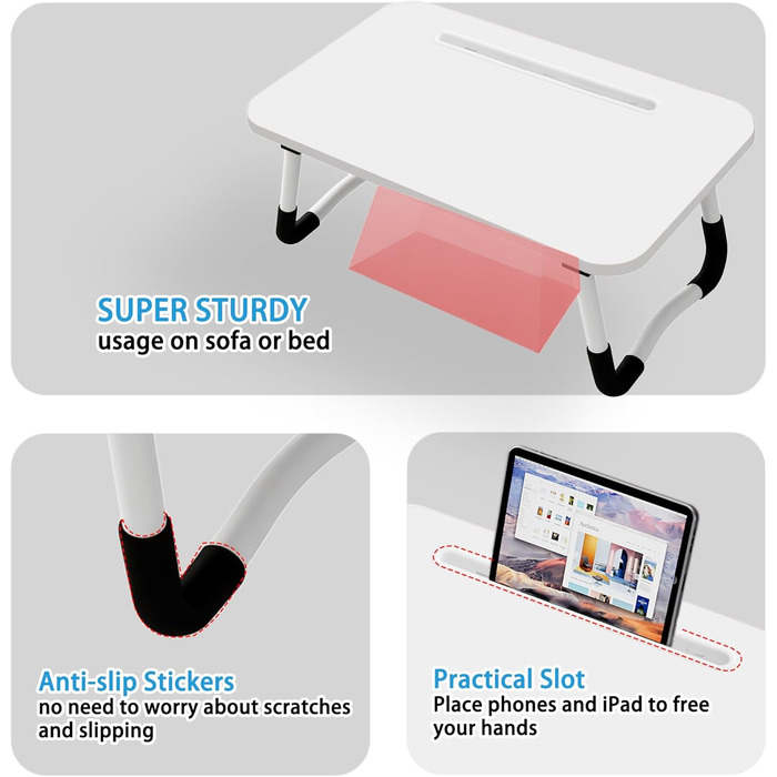 Лaptоп-стіл на ліжко - стіл для ноутбука 48 x 30 см, піднос для сніданку, для їжі, читання, письма, роботи, підставка для ноутбука в ліжко, диван, офіс та дім (Сірий) (Білий)