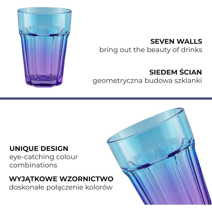 Set of 6 Colorful Glasses - Colorful Water Glasses 425 ml - Drinking Glasses Blue Purple - Long Drink Glasses - Cocktail Glasses - Juice Glasses - Large Colored Drinking Glasses - Caipirinha | Gigi Dreamy Sunset