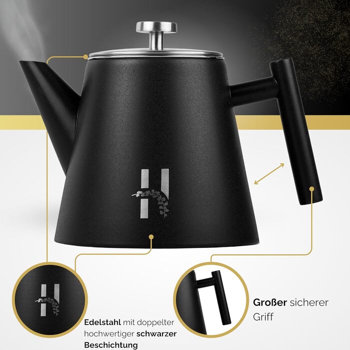 Hanamura Thermo Teapot with Infuser - Stainless Steel Teapot, Double-Walled and with Strainer - 1L - Black Metal Teapot - Insulated Thermos Modern Design