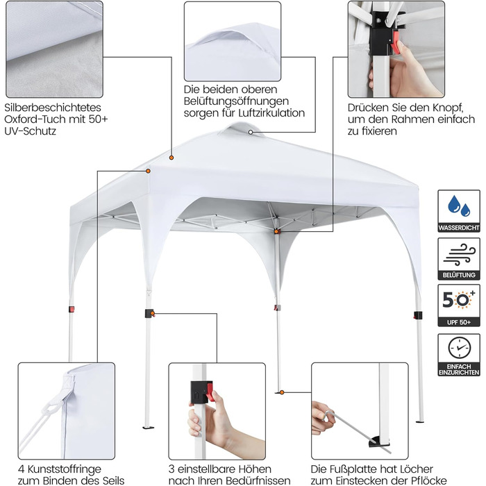 Yaheetech Pop-Up Gazebo 2.4 x 2.4 m, Adjustable Height Garden Gazebo, Waterproof & Sun Protection Party Tent, Garden Tent with Rolling Carry Bag for Outdoor Market, Garden, Courtyard, (White, 2.43x2.43m)