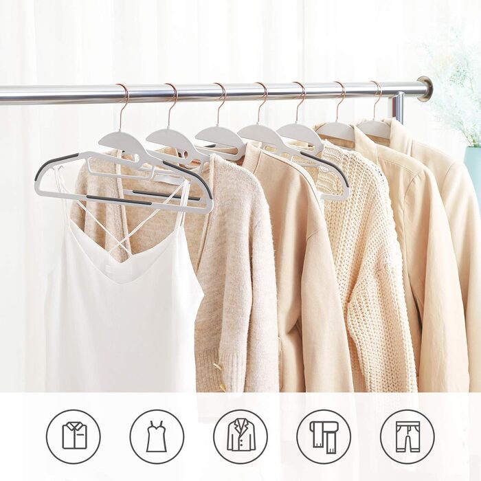 Набір вішалок SONGMICS 30 шт., для костюмів, з пластику, преміум-якість, антиковзаюче покриття, економія місця, 0,5 см товщина, гачок рожевого золота, поворот на 360°, ширина 41,5 см, світло-сірий + темно-сірий