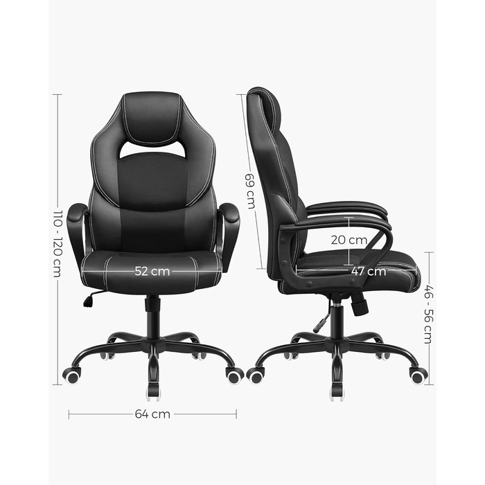 Офісний стілець SONGMICS Ergonomischer Bürostuhl, регульований, чорний, міцний, стабільний, OBG21B, 52 x 53 x 122 см