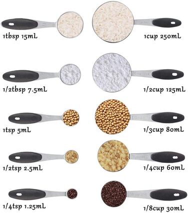 Stainless steel measuring cups and spoons, 10-piece set with storage rings, nesting teaspoons for measuring dry and liquid ingredients. Spoons