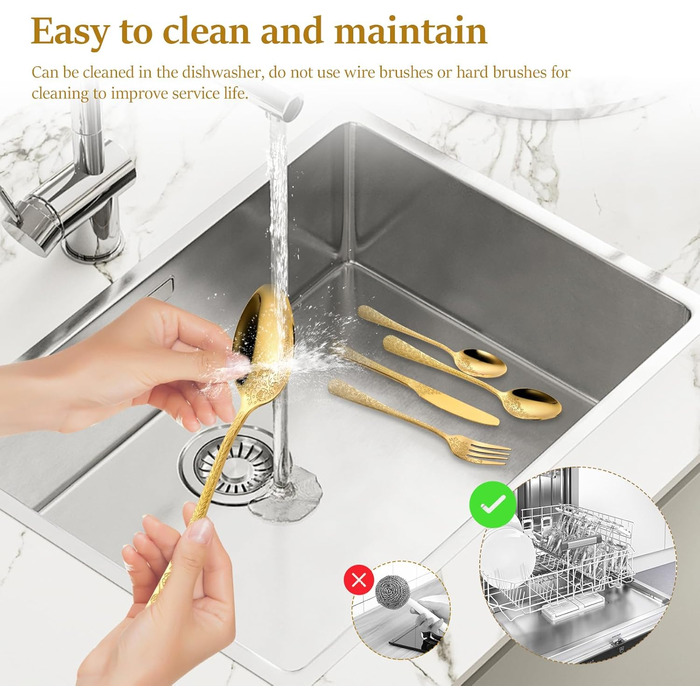 Набір столових приборів 24 предмети для 6 осіб з гравіюванням троянд, нержавіюча сталь, золотий колір - ножі, виделки, ложки, поліровані, для посудомийної машини, святковий