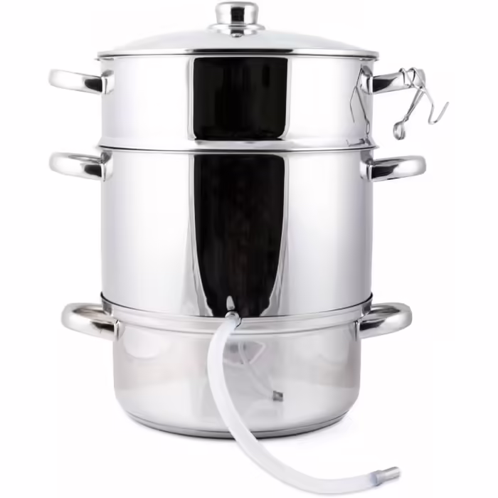 Grafner 8.5 Liter Stainless Steel Steamer/Juicer, diameter Ø26cm, with drain tap and glass lid, induction-compatible, ideal for juice and jelly, fruit pot juicer, fruit press, fruit and vegetable juicer.