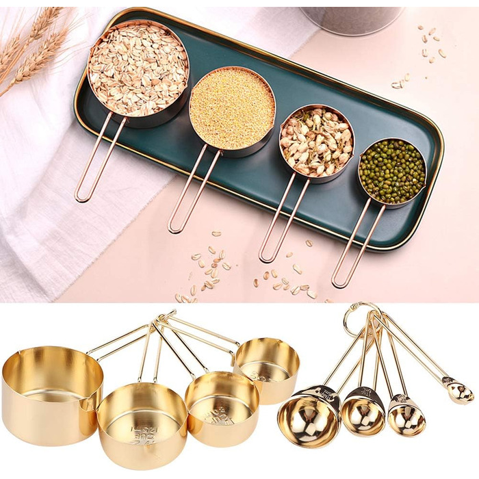 WAAZI 8-Piece Measuring Cup and Spoon Set, Stainless Steel Measuring Spoons with Buckle, Kitchen Baking Accessories for Milk-Tea Shops, Bars, Cafés, Kitchen Utensils (Color: Gold)