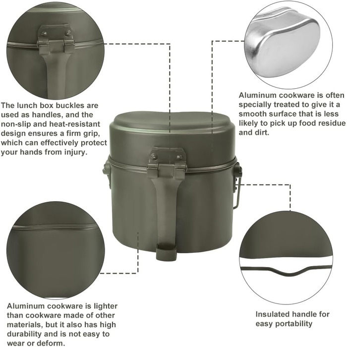 Набір посуду Bundeswehr: термостійкий, для кемпінгу, приготування їжі на відкритому повітрі, з алюмінію, для виживання, армійського користування. Включає столові прибори з відкидним ручками.