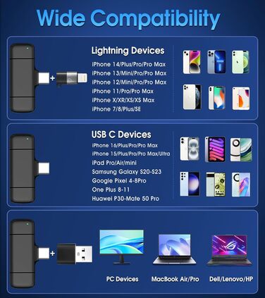 Бездротове мікрофон з кейсом для зарядки iPhone, iPad, Android, USB-C. Лавалерний мікрофон з шумозаглушенням для запису, YouTube, Facebook, TikTok, Vlog, Livestream, Plug and Play