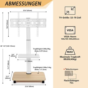 Мобільний ТВ-стіл Hellsehen для LED/LCD/OLED телевізорів 32-70 дюймів (до 45 кг), білий, з регулюванням висоти та блокованими колесами