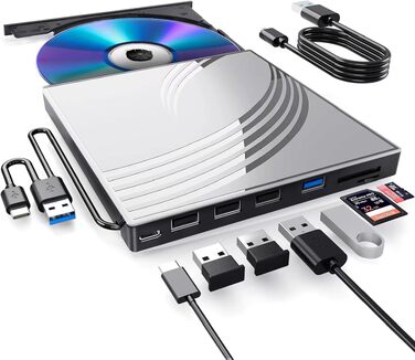 Зовнішній CD/DVD-RW привід USB 3.0, ультратонкий DVD-плеєр для ноутбука з 4 USB-портами, картридером SD/TF та роз'ємом Type-C, сумісний з Windows, macOS, Linux