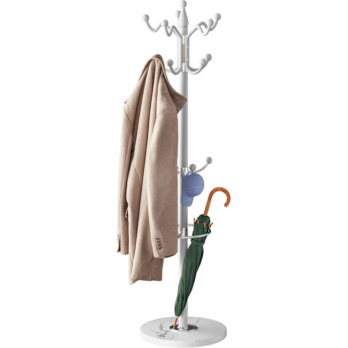 Casaria® Clothes Rack Marble Base Metal 14 Hooks 360° Swivel Stable 37x37x175 cm Entryway Office Coat Rack Clothes Rail Jacket Stand (White, Curved)