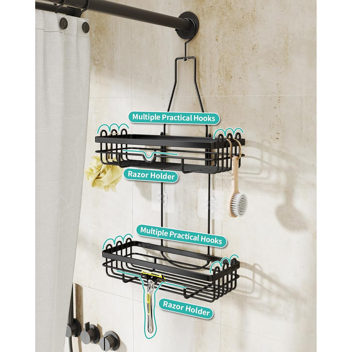 HapiRm Shower Shelf for Hanging with Razor Holder & Soap Holder, Hanging Shower Shelf with Multiple Hooks - High-Quality Hanging Shower Basket Stainless Steel No Drilling, Black