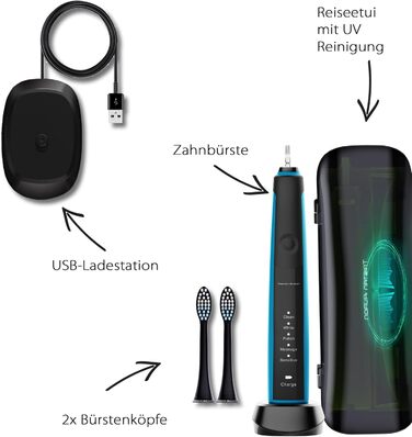 Електрична зубна щітка Tristan Auron SonicMaster чорна з UV-етиулюм та 6 насадок (55,000 вібрацій, 5 режимів, 60 днів роботи від акумулятора)