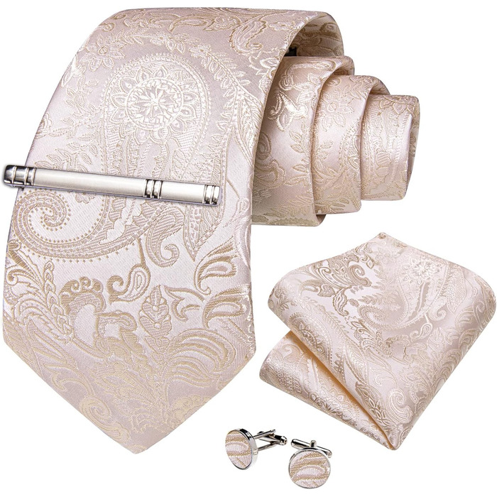 Шовкова краватка DiBanGu Paisley Floral, комплект з нагрудною хустинкою, запонками та затискачем для краватки, ніжно-рожевий - для весілля та бізнесу