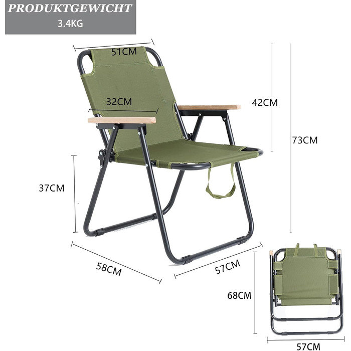 Крісло кемпінгове складне, стілець для риболовлі, камуфляж, 225 кг, Oxford, для саду, пікніка, подорожей (Зелений)