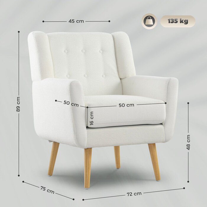 HOMCOM Armchair Living Room Wingback Chair Upholstered Tufted Lounge Chair Recliner with Teddy Fleece Look, Wooden Legs, Upholstered Chair for Bedroom, White | Aosom