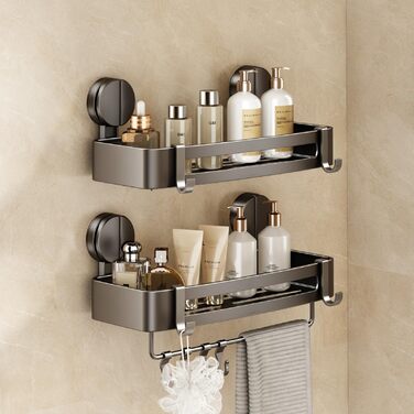 Поличка для душу без свердління, кутова поличка для ванної кімнати з присосками, корзина для душу з тримачем для рушників та знімними гачками (2 шт., сіра) (Прямокутна – 2 шт.)