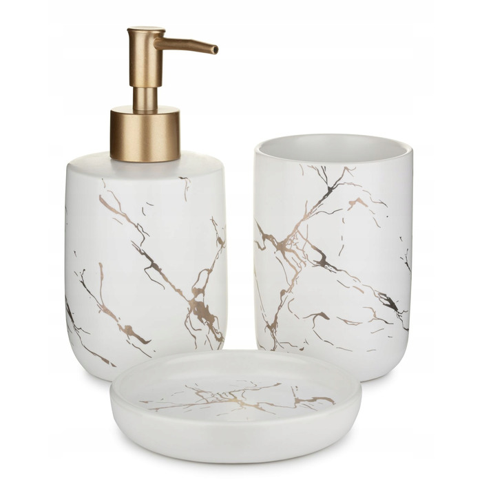 Набір аксесуарів для ванної кімнати (3 предмети), біло-золотий, стиль гламур