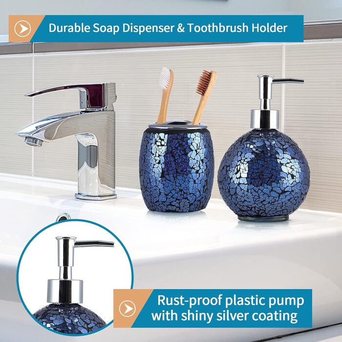 4-Piece Mosaic Glass Bathroom Accessory Set, Modern Luxury Bathroom Ensemble, including Soap Dispenser, Cotton Swab Holder, Toothbrush Holder, Vanity Tray (Glossy Blue)