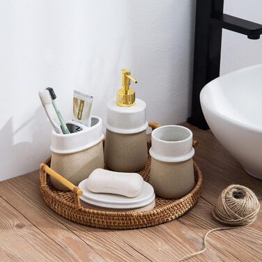 Набір аксесуарів для ванної кімнати в стилі фермерського дому, 4 шт., кераміка, подарунковий комплект, включає: стакан для зубної щітки, дозатор мила, мильниця, стакан, бежевий