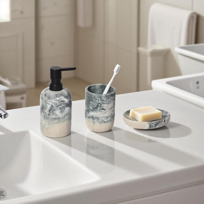 Набір для ванної кімнати 3 в 1: дозатор для мила, мильниця та тримач для зубних щіток, білий (сіро-зелений), DREI