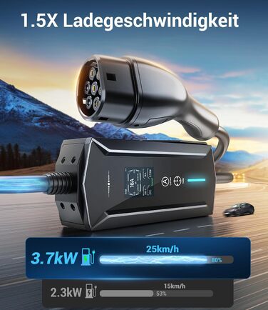 Кабель для зарядки електромобілів Schuko 3,7kW, 7м, 6-16A, 1-фазний, IP65, з LCD-дисплеєм, регульована потужність, таймер, для електромобілів та PHEV