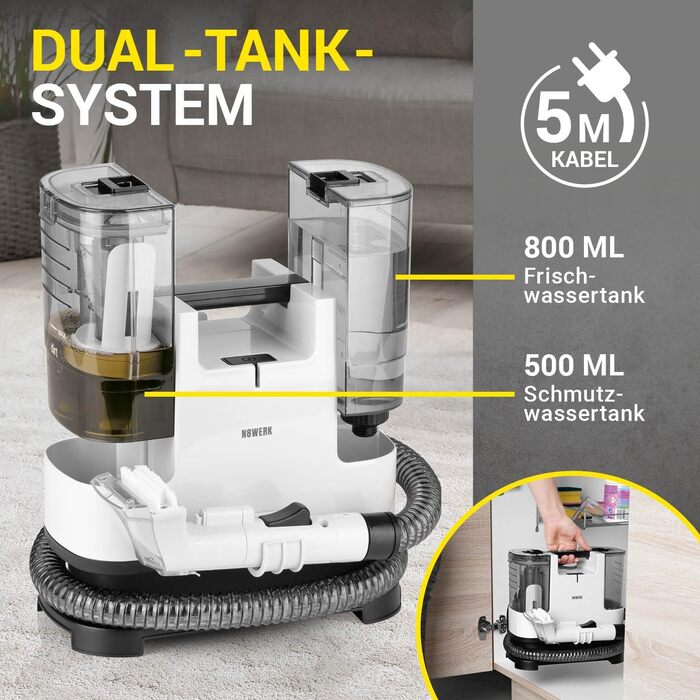 Портативний пилосос для миття килимів та меблів Clean | З миючим засобом | Легкий та компактний | Видаляє плями, потужний 400 Вт, баки для чистої та брудної води