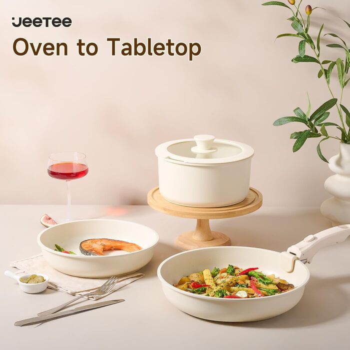 Набір посуду JEETEE 20 предметів з антипригарним покриттям та знімними ручками, для індукційних плит, штабельований, для дому та кемпінгу, жароміцний