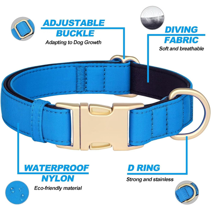 Нашийник для собак Didog з нейлону, м'який, з металевою застібкою, для великих, середніх собак, чорний, L (обхват шиї 33-51 см, синій)