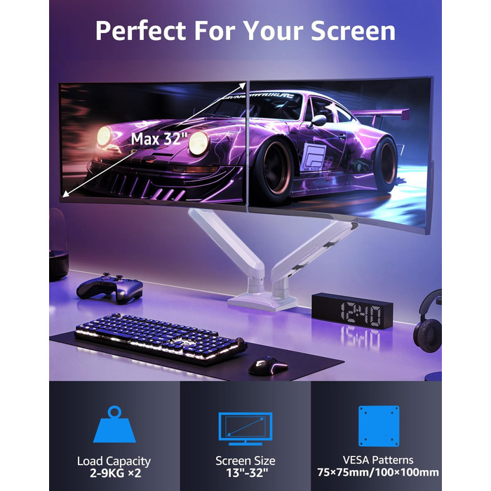 Кріплення для монітора ELIVED EV6012W: підставка для 2 моніторів (13-32 дюйми, 2-9 кг, VESA 75/100mm, регульована, білий)