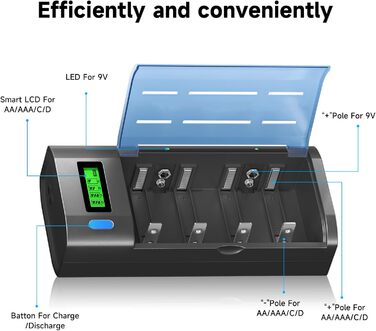 Зарядний пристрій для акумуляторів Universal для AA/AAA/SC/C/D/9V NI-Mh/NI-CD та 9V Li-ion з функцією розряду та LCD-дисплеєм, швидка зарядка