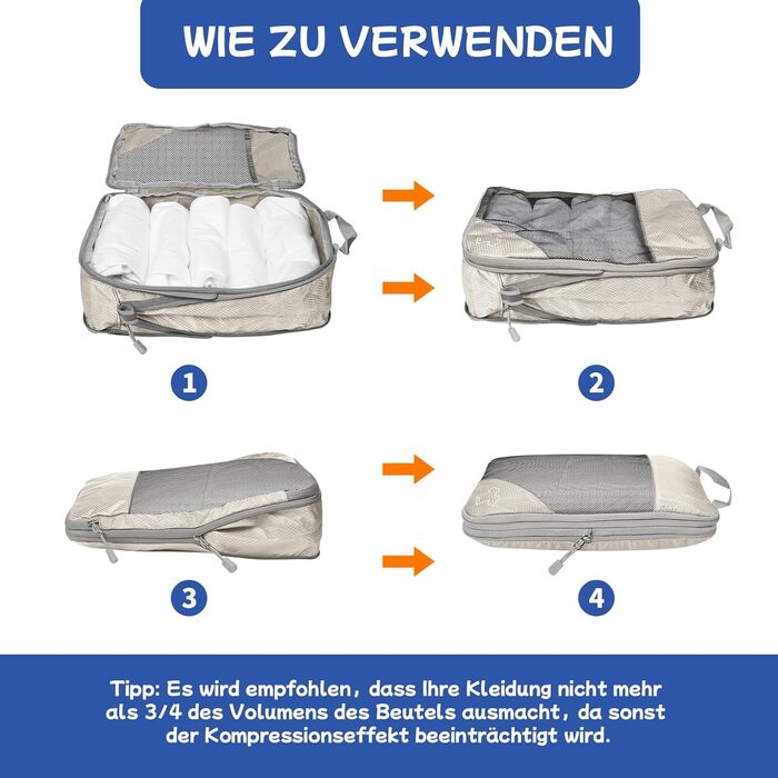 Набір органайзерів для валізи компресійних 5 шт. бежевого кольору для подорожей - Куби для пакування одягу, органайзер для рюкзака та валізи